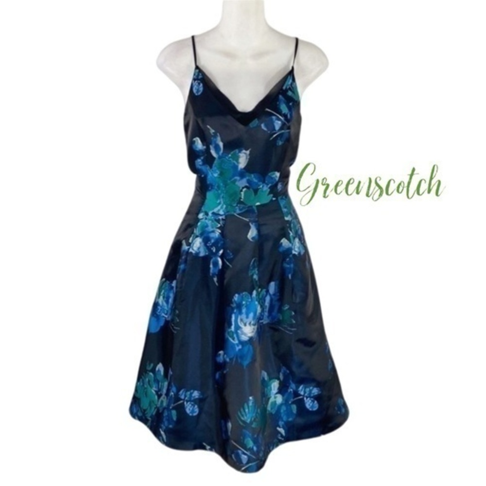 White House Black Market Black Blue Mesh-Trim Jacquard Fit-And-Flare Dress XX12